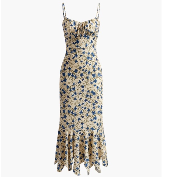Commense Blue and Off-White Floral Maxi Dress w/ Irregular Hem. Drawstring Bust - Picture 7 of 8
